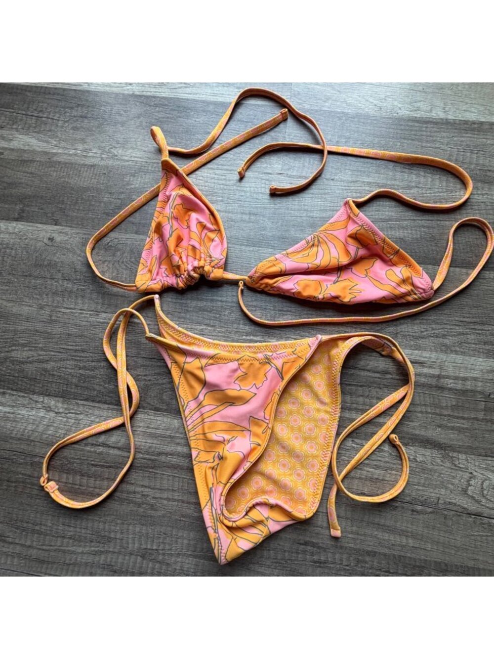 Reversible Floral & Geometric Bikini Set Pink & Orange Tie-Up Adjustable